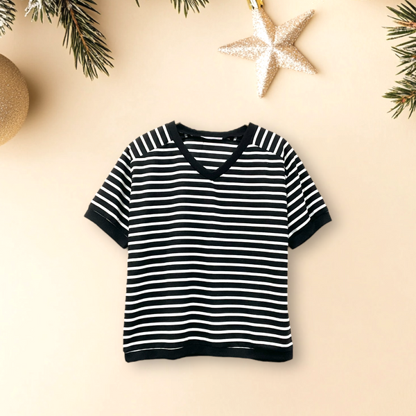 Patch Women Striped Short Sleeve V Neck T-Shirt