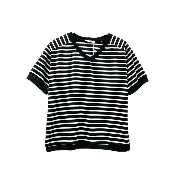 Patch Women Striped Short Sleeve V Neck T-Shirt