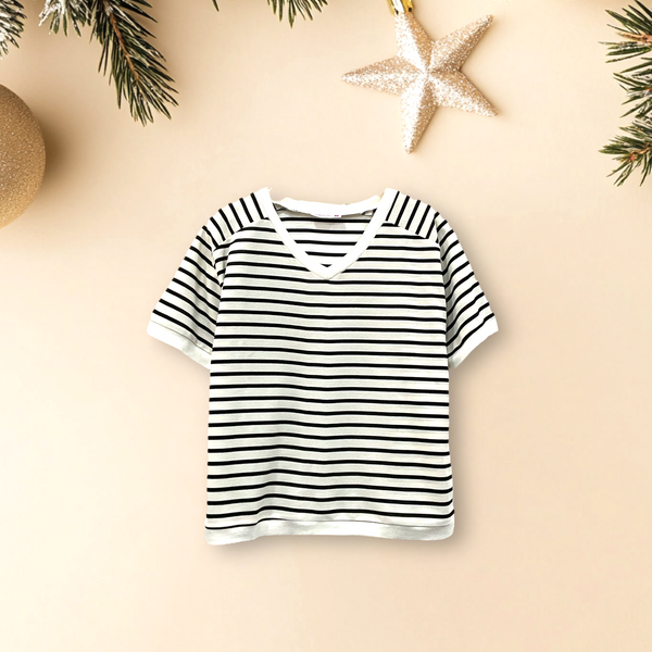 Patch Women Striped Short Sleeve V Neck T-Shirt