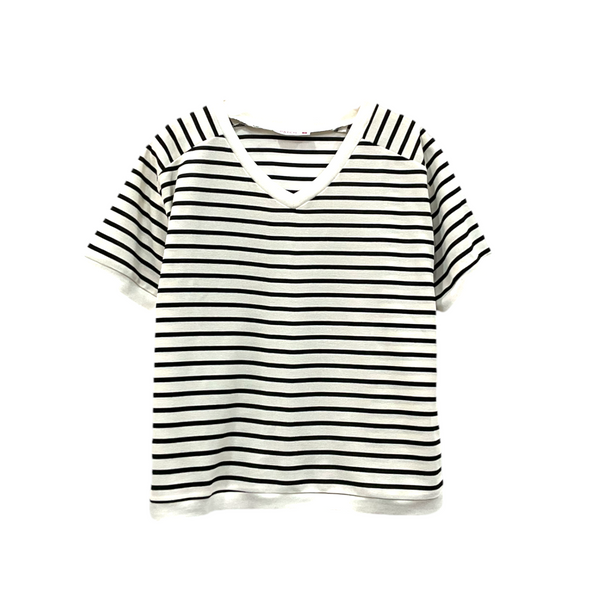 Patch Women Striped Short Sleeve V Neck T-Shirt